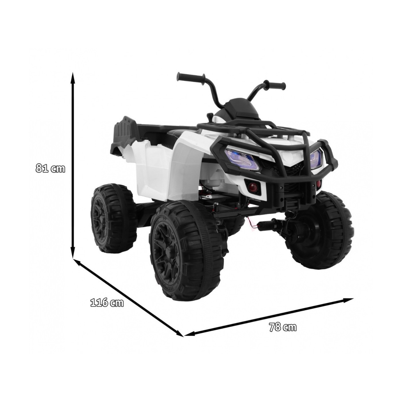 Quad XL ATV dětská baterie bílá 4x4 poháněný kufr pomalý start EVA Audio LED