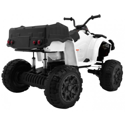 Quad XL ATV dětská baterie bílá 4x4 poháněný kufr pomalý start EVA Audio LED