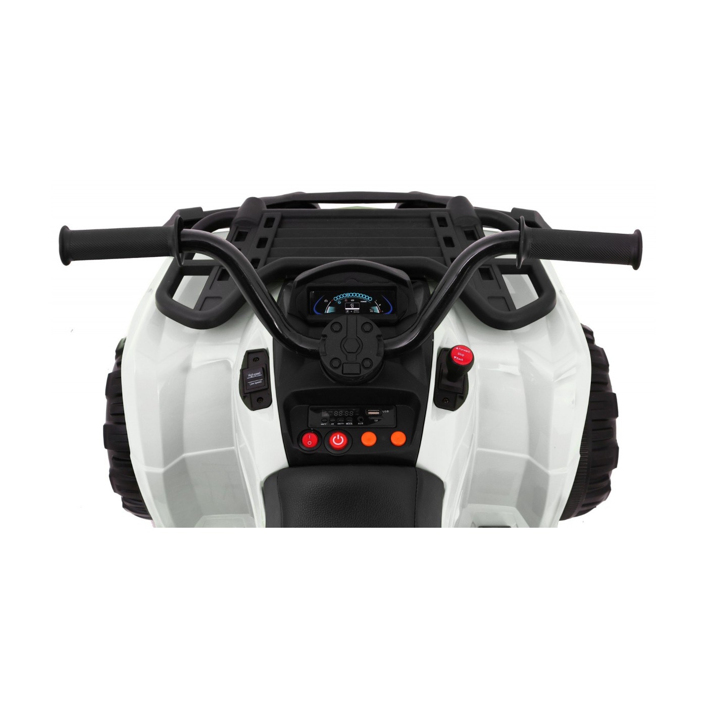 Quad XL ATV dětská baterie bílá 4x4 poháněný kufr pomalý start EVA Audio LED
