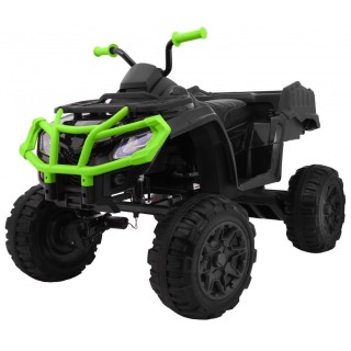 Čtyřkolka XL ATV 2,4 GHz na dětskou baterii černo-zelený dálkový ovladač 4x4 napájený kufr pomalý start EVA audio LED