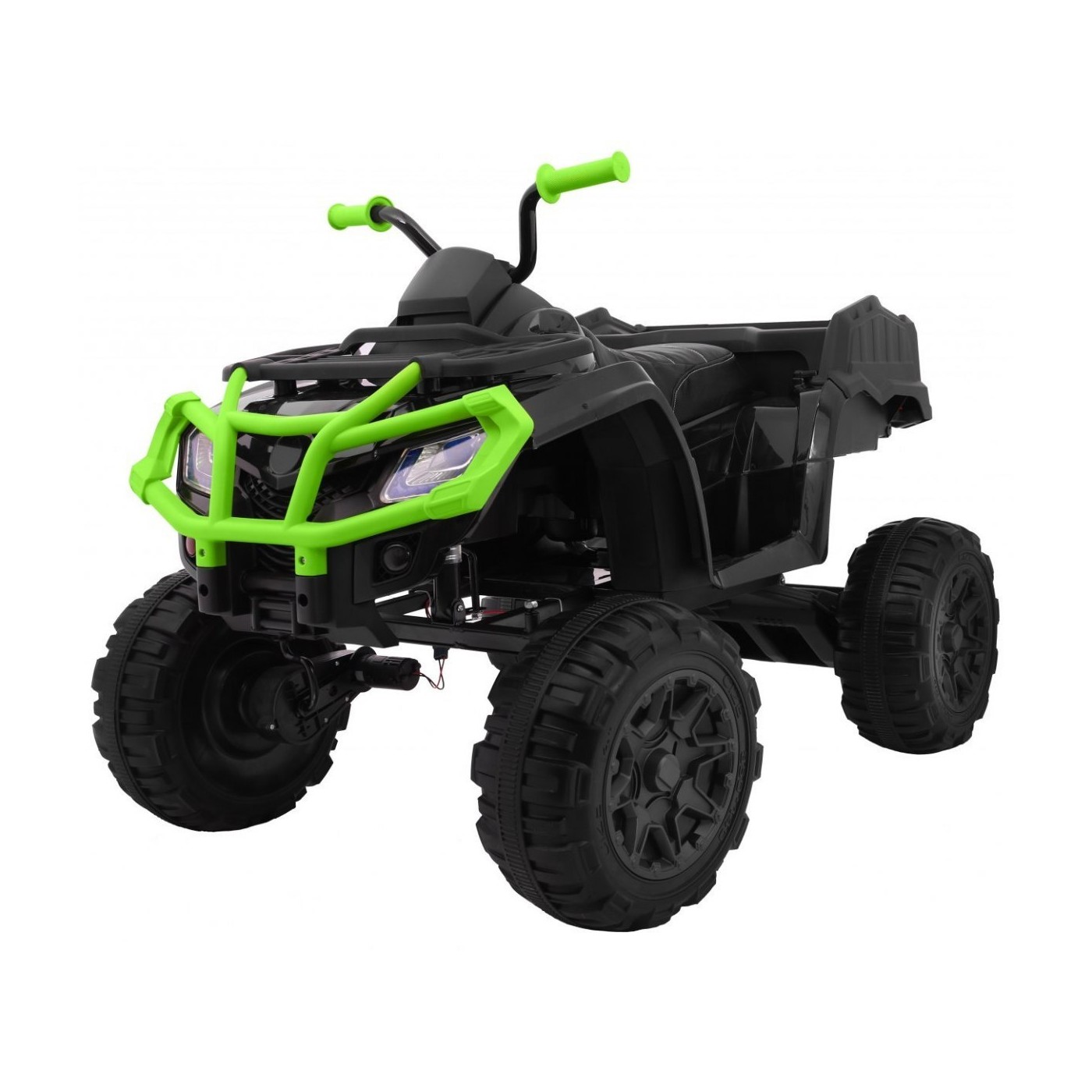Čtyřkolka XL ATV 2,4 GHz na dětskou baterii černo-zelený dálkový ovladač 4x4 napájený kufr pomalý start EVA audio LED