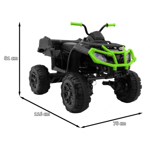 Čtyřkolka XL ATV 2,4 GHz na dětskou baterii černo-zelený dálkový ovladač 4x4 napájený kufr pomalý start EVA audio LED