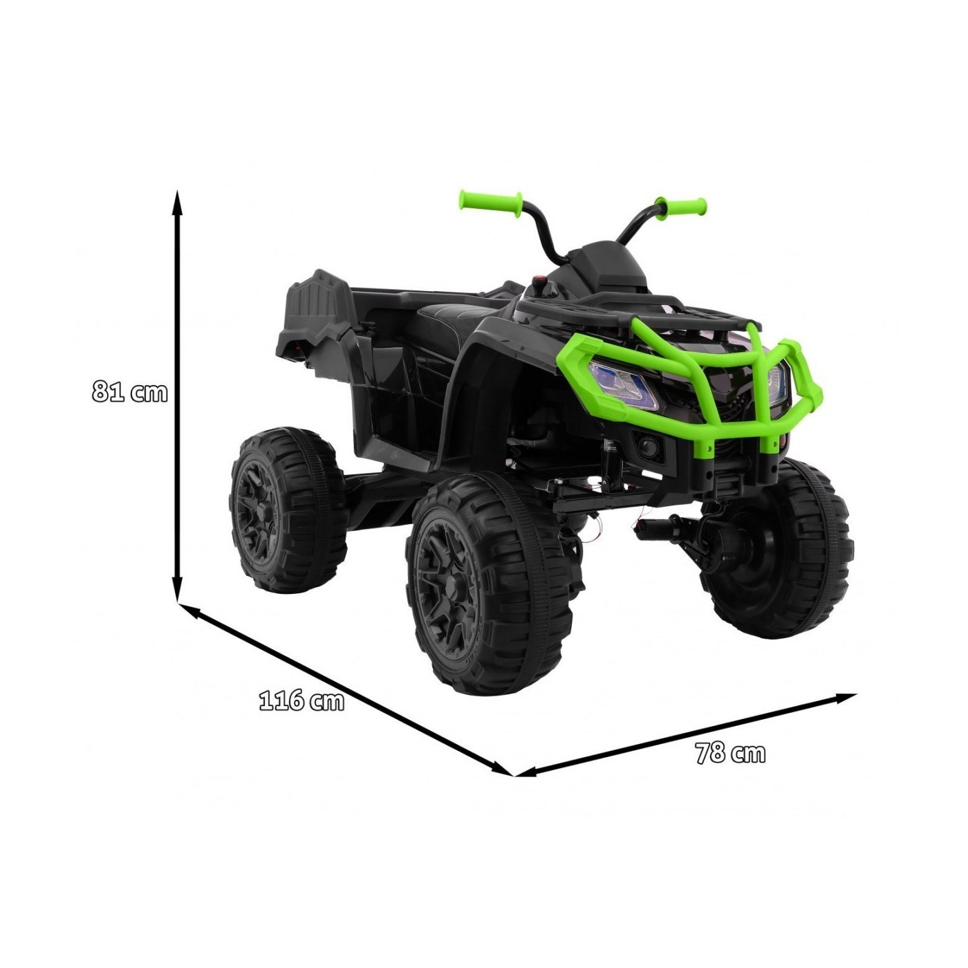 Čtyřkolka XL ATV 2,4 GHz na dětskou baterii černo-zelený dálkový ovladač 4x4 napájený kufr pomalý start EVA audio LED
