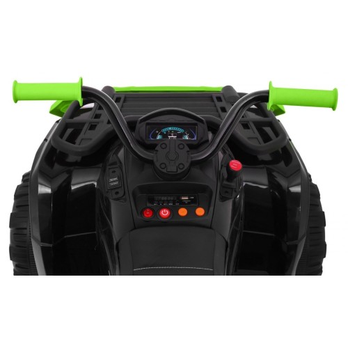 Čtyřkolka XL ATV 2,4 GHz na dětskou baterii černo-zelený dálkový ovladač 4x4 napájený kufr pomalý start EVA audio LED