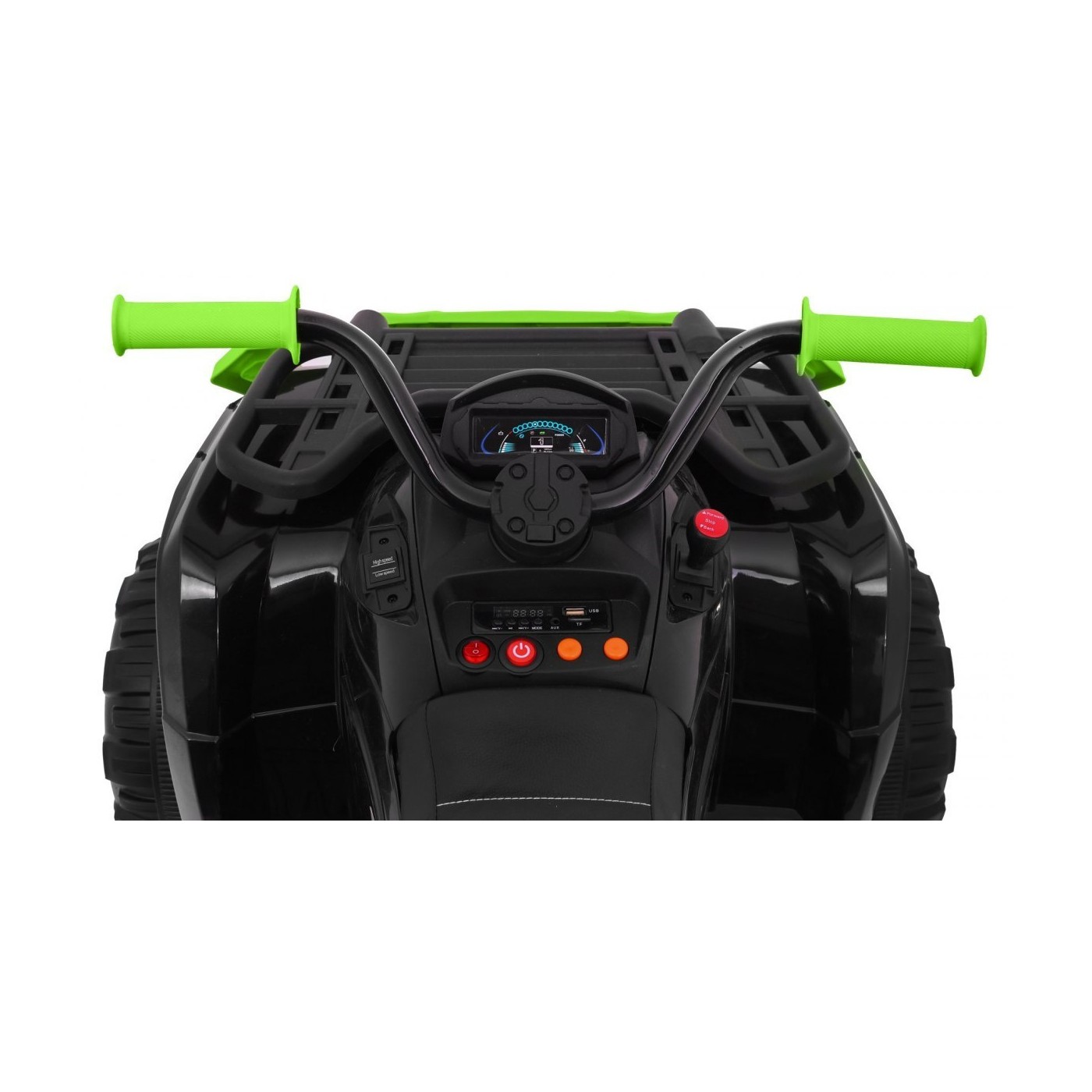 Čtyřkolka XL ATV 2,4 GHz na dětskou baterii černo-zelený dálkový ovladač 4x4 napájený kufr pomalý start EVA audio LED
