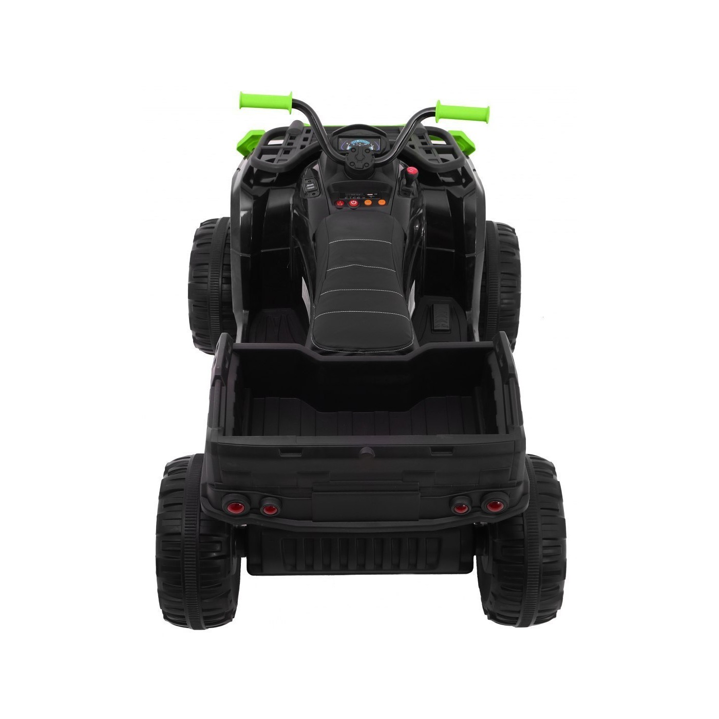 Čtyřkolka XL ATV 2,4 GHz na dětskou baterii černo-zelený dálkový ovladač 4x4 napájený kufr pomalý start EVA audio LED