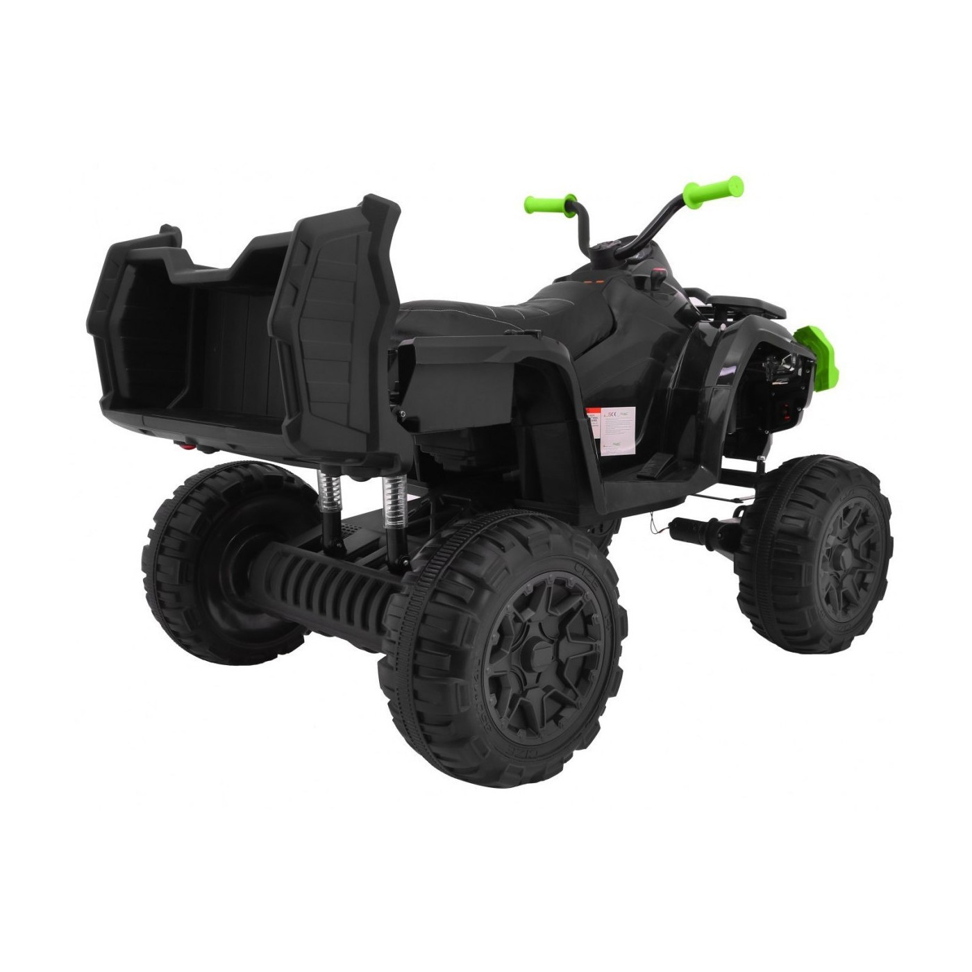 Čtyřkolka XL ATV 2,4 GHz na dětskou baterii černo-zelený dálkový ovladač 4x4 napájený kufr pomalý start EVA audio LED