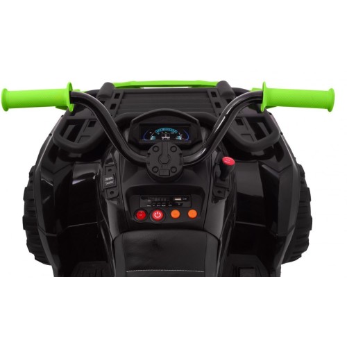 Čtyřkolka XL ATV 2,4 GHz na dětskou baterii černo-zelený dálkový ovladač 4x4 napájený kufr pomalý start EVA audio LED