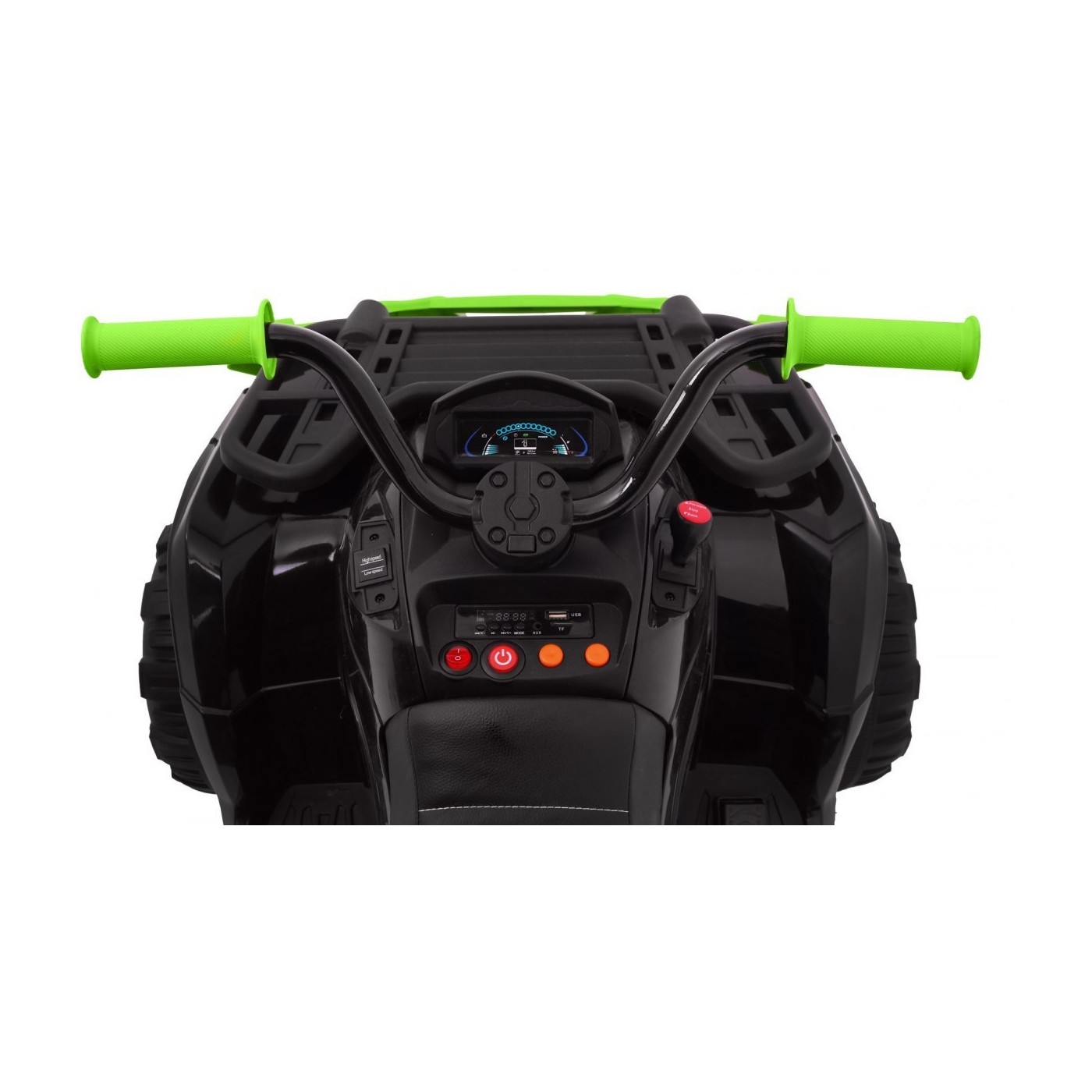 Čtyřkolka XL ATV 2,4 GHz na dětskou baterii černo-zelený dálkový ovladač 4x4 napájený kufr pomalý start EVA audio LED