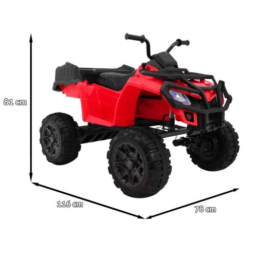 Čtyřkolka XL ATV 2,4 GHz na dětskou baterii Červený dálkový ovladač 4x4 Napájecí kufr Pomalý start EVA Audio LED