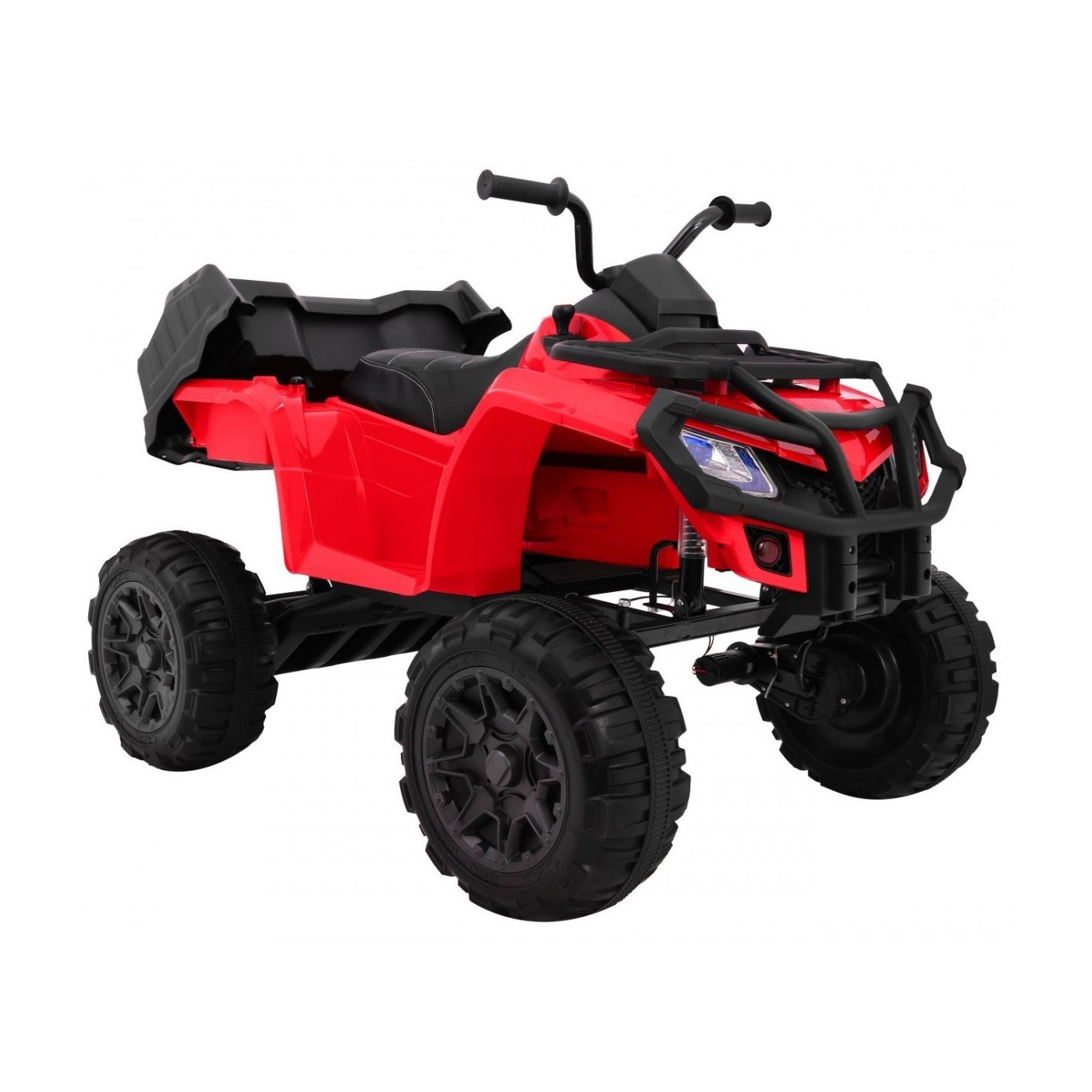 Čtyřkolka XL ATV 2,4 GHz na dětskou baterii Červený dálkový ovladač 4x4 Napájecí kufr Pomalý start EVA Audio LED