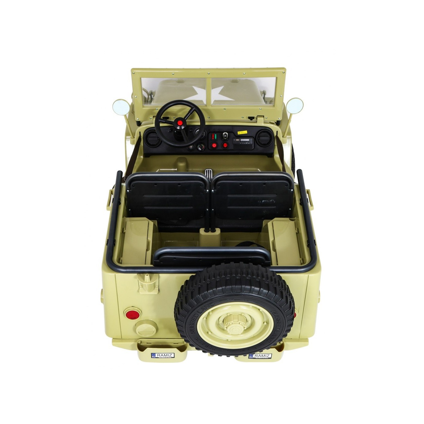 Vojenské auto Retro pro 3 děti Matcha + Naped 4x4 + Úložné boxy + EVA + Pomalý start + MP3 LED
