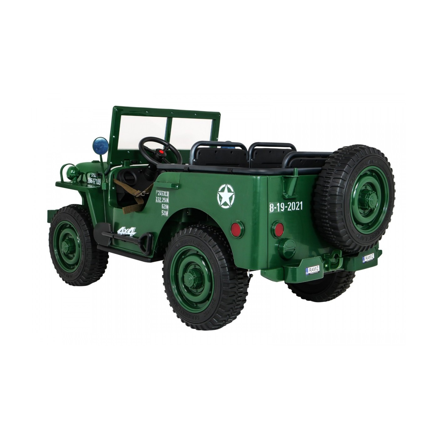 Retro vojenské auto pro 3 děti zelená + pohon 4x4 + úložné boxy + EVA + pomalý start + MP3 LED