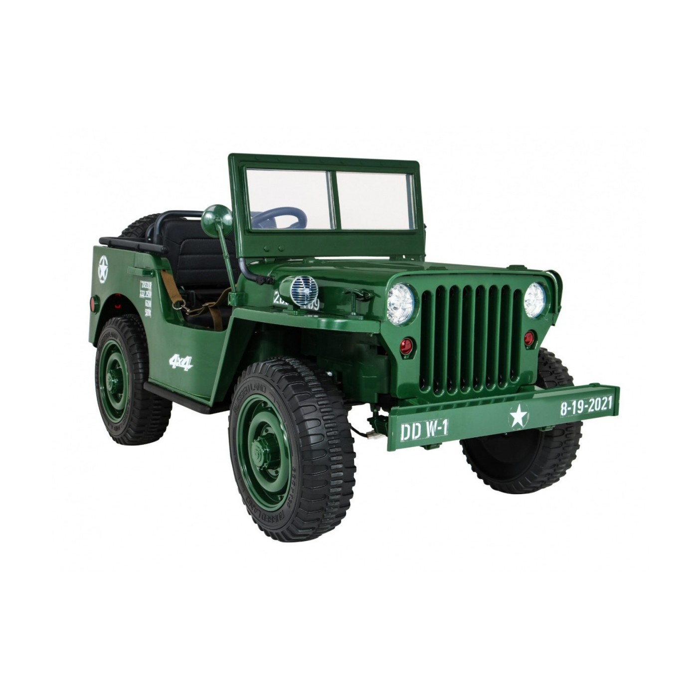 Retro vojenské auto pro 3 děti zelená + pohon 4x4 + úložné boxy + EVA + pomalý start + MP3 LED