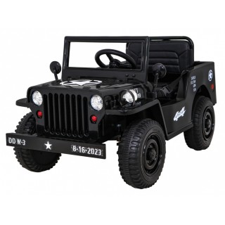 Vojenské auto Retro Kids černý + Naped 4x4 + Dálkové ovládání + 2 zavazadlové regály + Pomalý start + MP3 LED