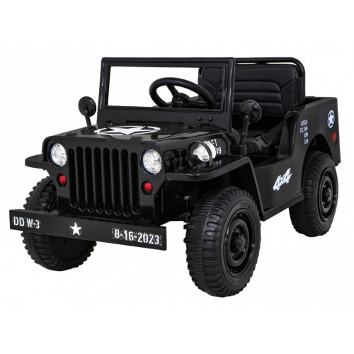 Vojenské auto Retro Kids černý + Naped 4x4 + Dálkové ovládání + 2 zavazadlové regály + Pomalý start + MP3 LED