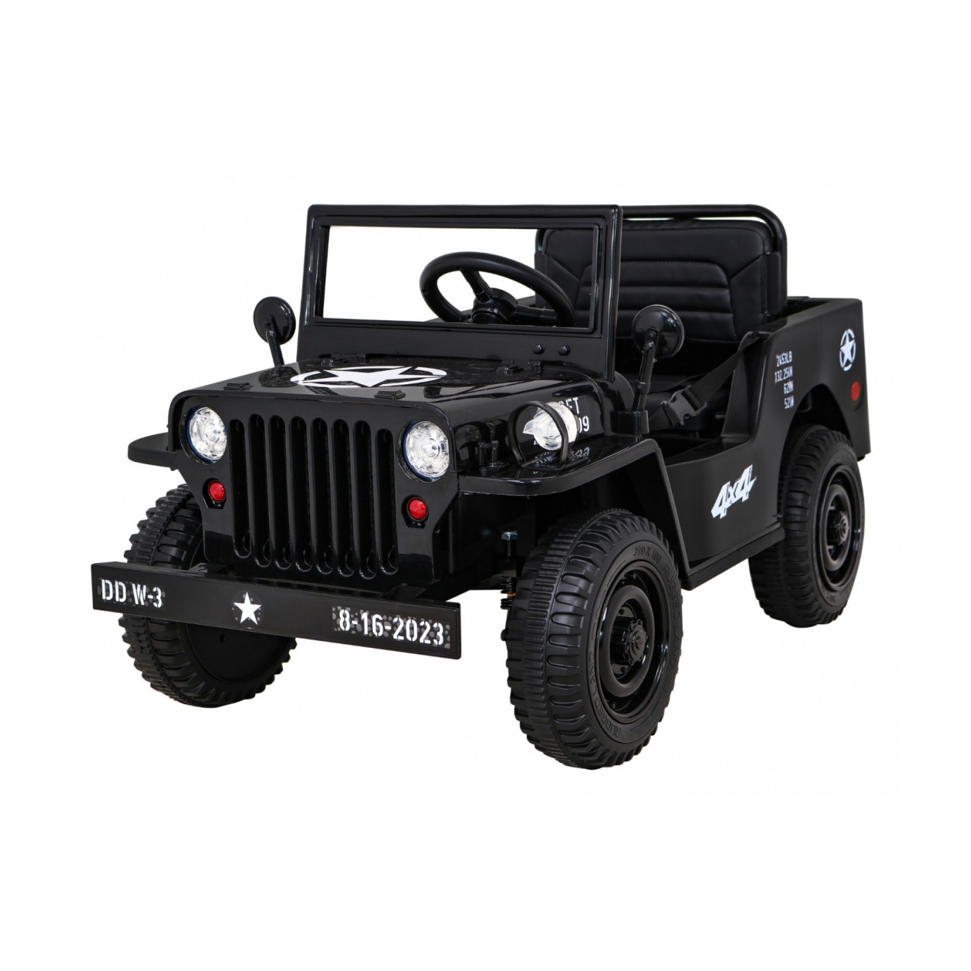 Vojenské auto Retro Kids černý + Naped 4x4 + Dálkové ovládání + 2 zavazadlové regály + Pomalý start + MP3 LED