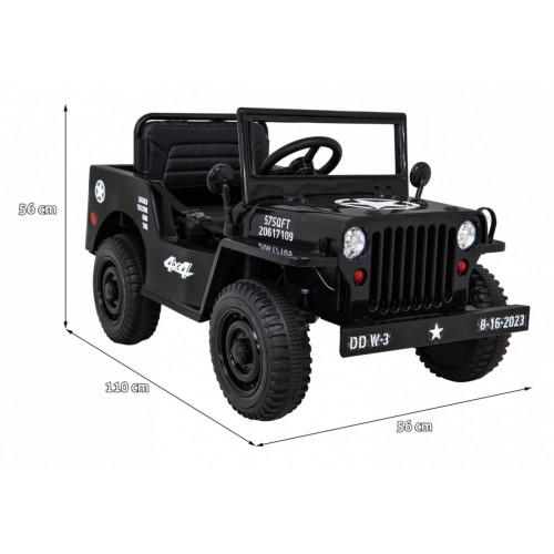 Vojenské auto Retro Kids černý + Naped 4x4 + Dálkové ovládání + 2 zavazadlové regály + Pomalý start + MP3 LED
