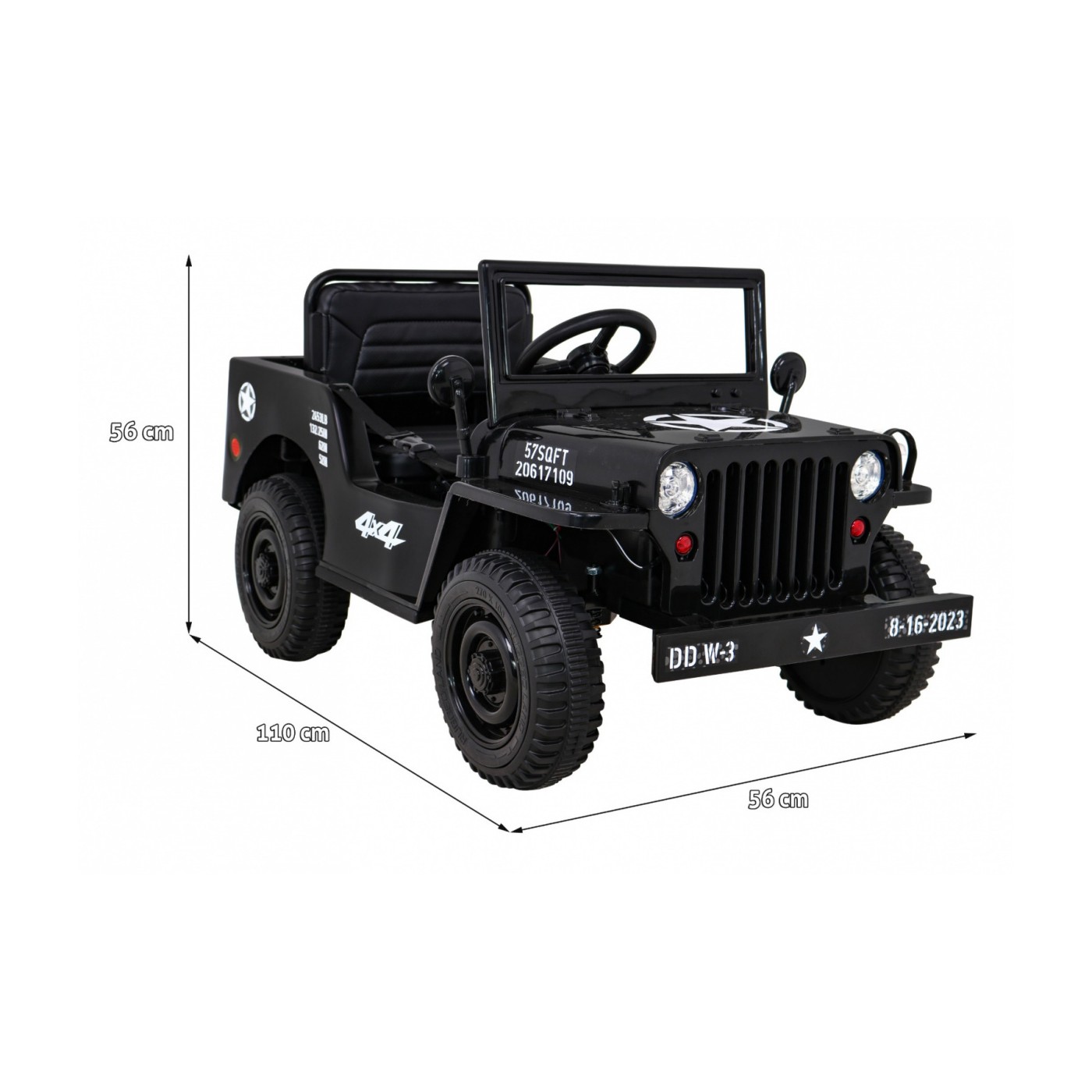 Vojenské auto Retro Kids černý + Naped 4x4 + Dálkové ovládání + 2 zavazadlové regály + Pomalý start + MP3 LED