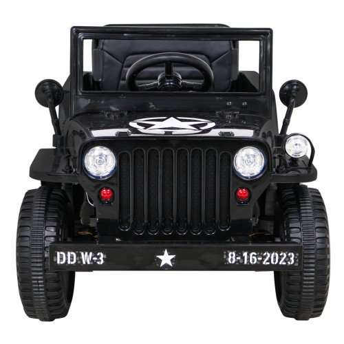 Vojenské auto Retro Kids černý + Naped 4x4 + Dálkové ovládání + 2 zavazadlové regály + Pomalý start + MP3 LED