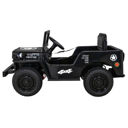 Vojenské auto Retro Kids černý + Naped 4x4 + Dálkové ovládání + 2 zavazadlové regály + Pomalý start + MP3 LED