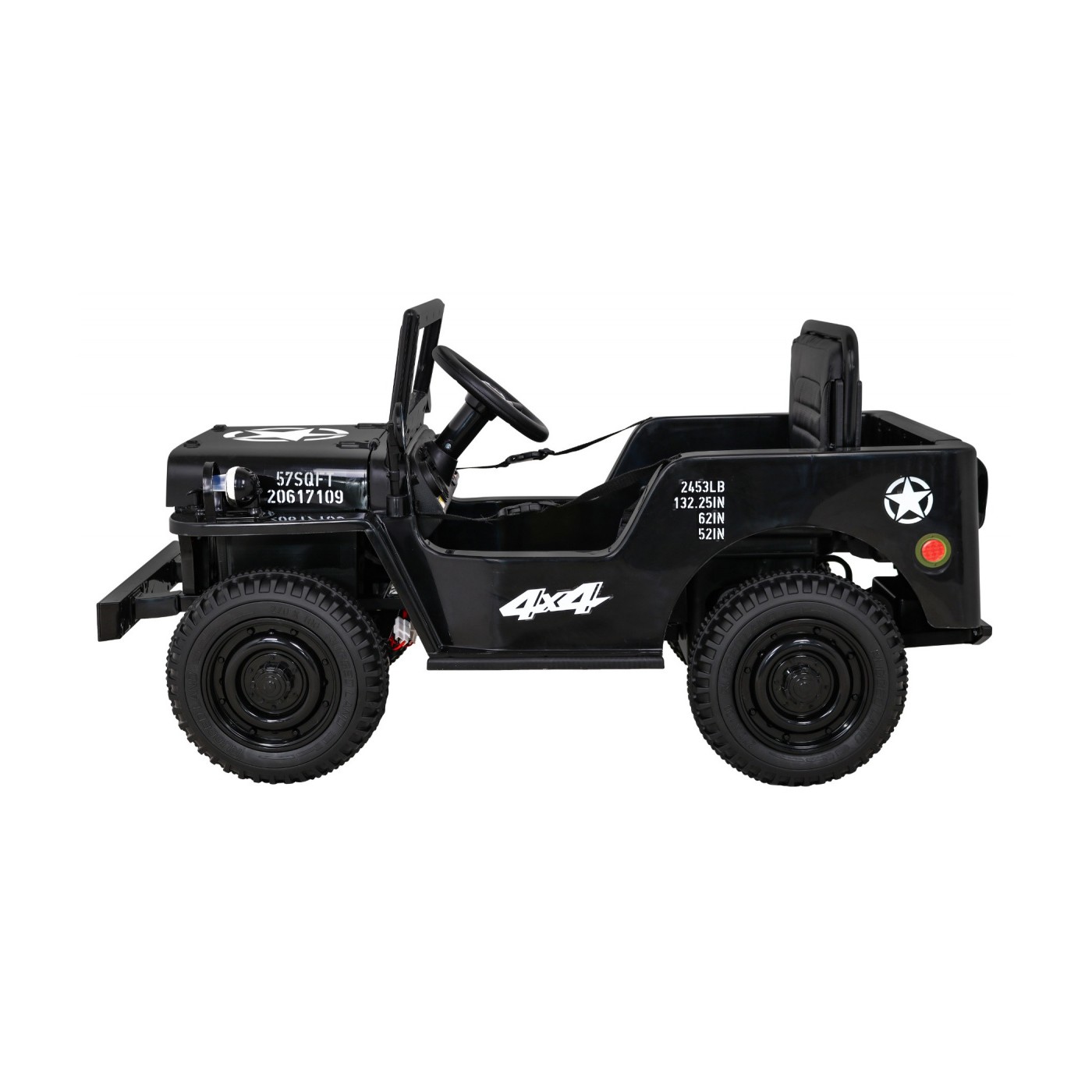 Vojenské auto Retro Kids černý + Naped 4x4 + Dálkové ovládání + 2 zavazadlové regály + Pomalý start + MP3 LED