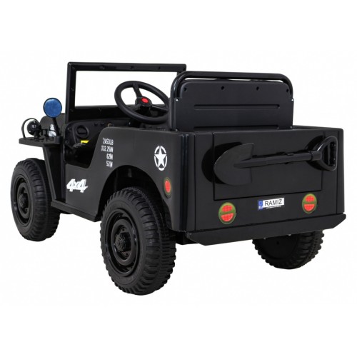 Vojenské auto Retro Kids černý + Naped 4x4 + Dálkové ovládání + 2 zavazadlové regály + Pomalý start + MP3 LED