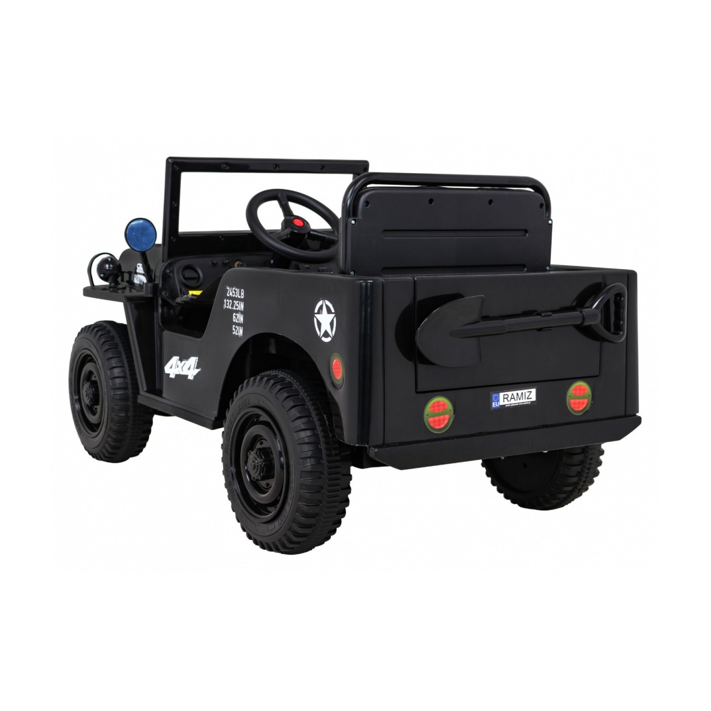 Vojenské auto Retro Kids černý + Naped 4x4 + Dálkové ovládání + 2 zavazadlové regály + Pomalý start + MP3 LED