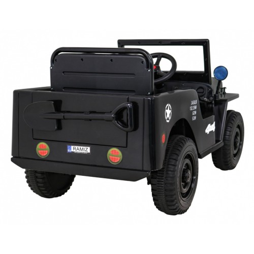 Vojenské auto Retro Kids černý + Naped 4x4 + Dálkové ovládání + 2 zavazadlové regály + Pomalý start + MP3 LED