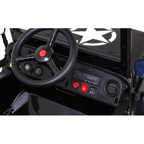 Vojenské auto Retro Kids černý + Naped 4x4 + Dálkové ovládání + 2 zavazadlové regály + Pomalý start + MP3 LED