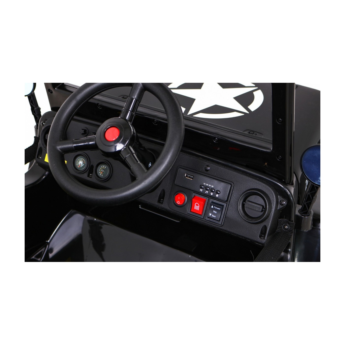 Vojenské auto Retro Kids černý + Naped 4x4 + Dálkové ovládání + 2 zavazadlové regály + Pomalý start + MP3 LED