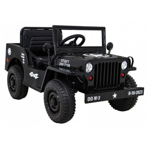 Vojenské auto Retro Kids černý + Naped 4x4 + Dálkové ovládání + 2 zavazadlové regály + Pomalý start + MP3 LED