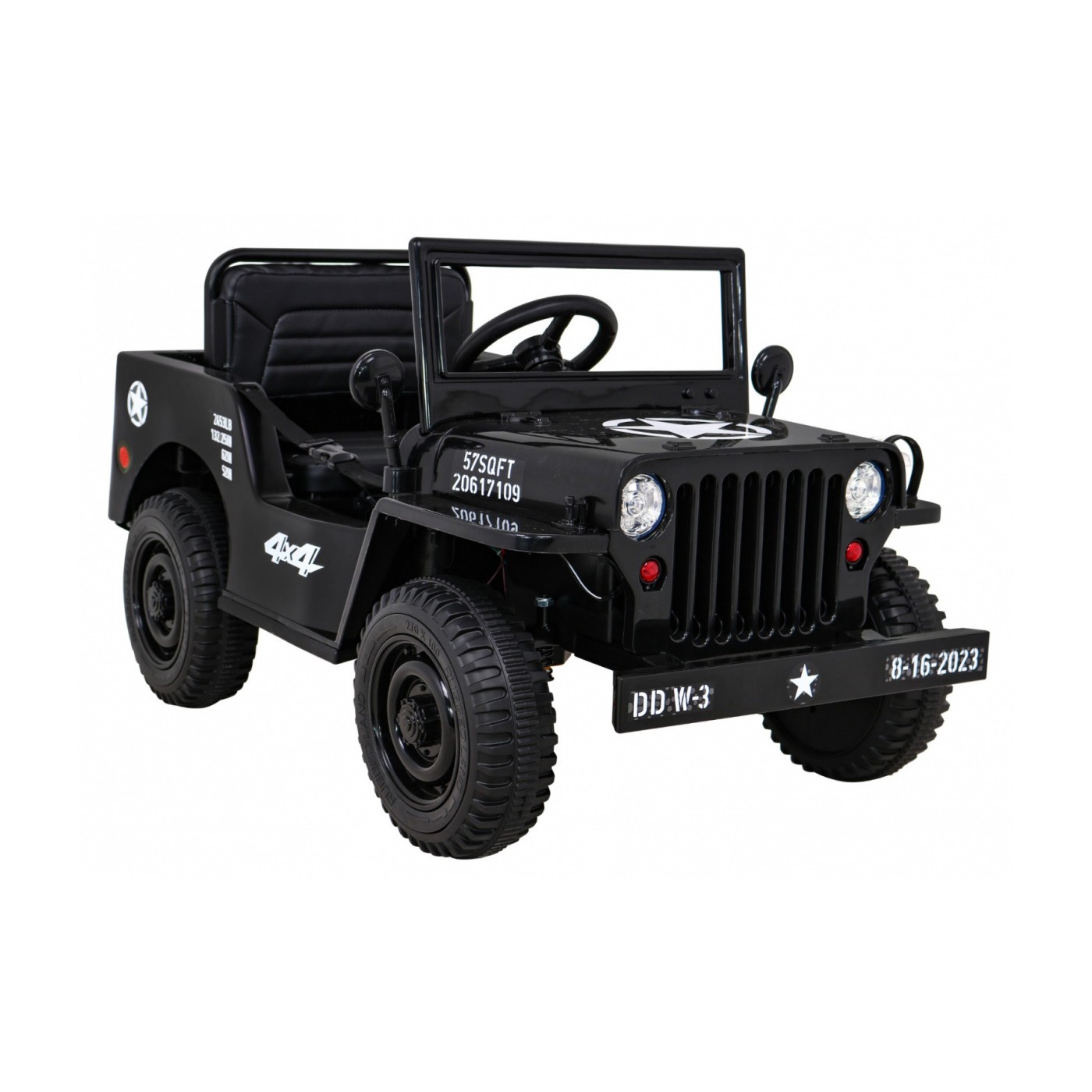 Vojenské auto Retro Kids černý + Naped 4x4 + Dálkové ovládání + 2 zavazadlové regály + Pomalý start + MP3 LED
