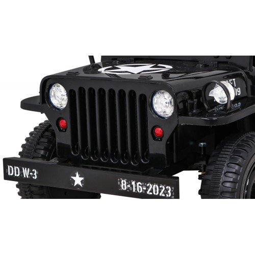 Vojenské auto Retro Kids černý + Naped 4x4 + Dálkové ovládání + 2 zavazadlové regály + Pomalý start + MP3 LED