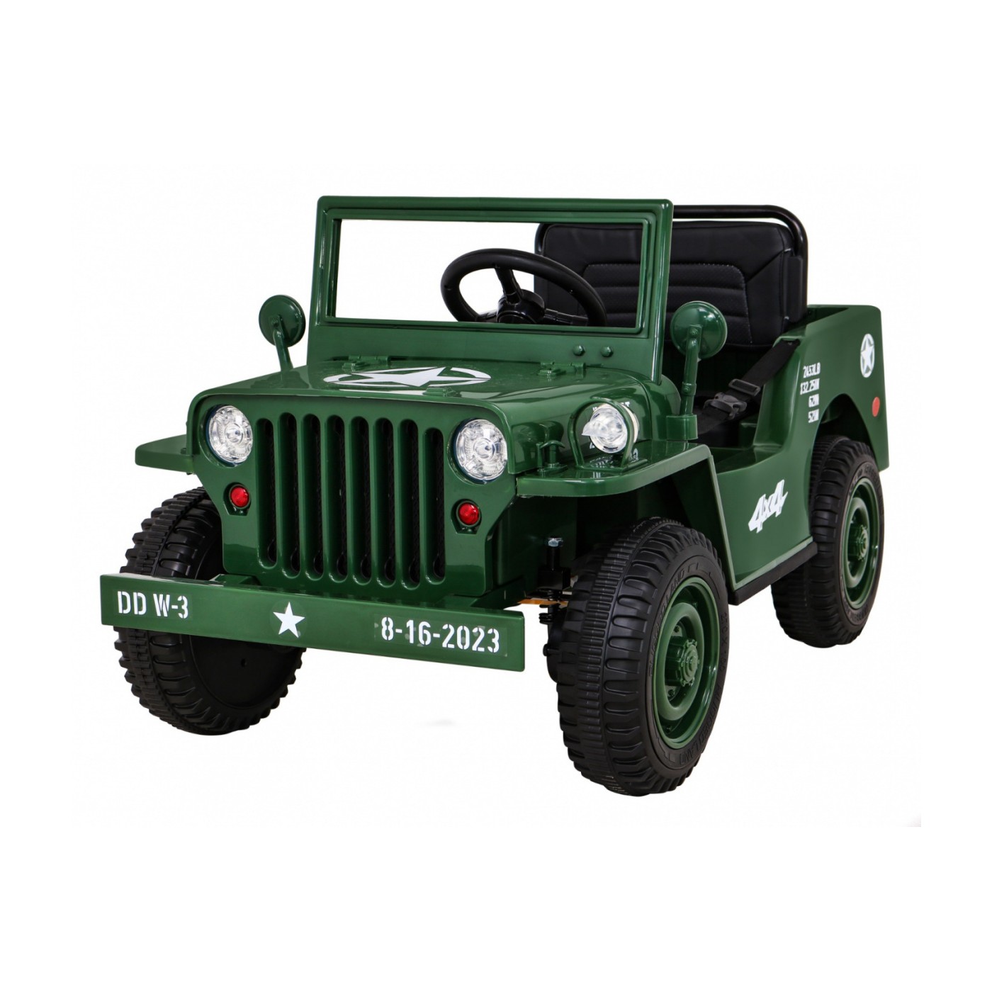 Vojenské auto Retro Děti Zelená 4x4 Drive Remote 2 zavazadlové stojany Pomalý start MP3 LED