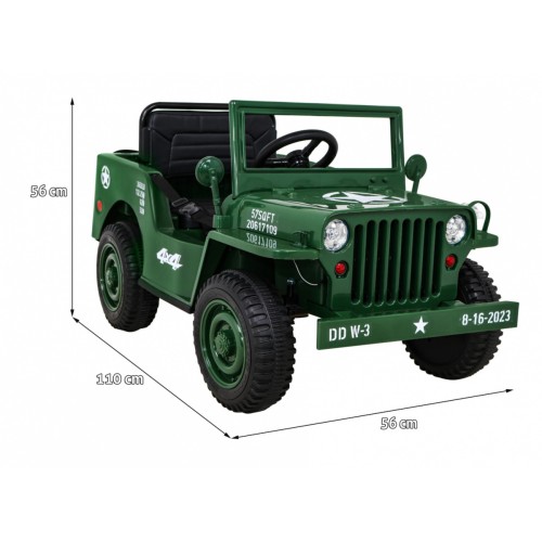Vojenské auto Retro Děti Zelená 4x4 Drive Remote 2 zavazadlové stojany Pomalý start MP3 LED