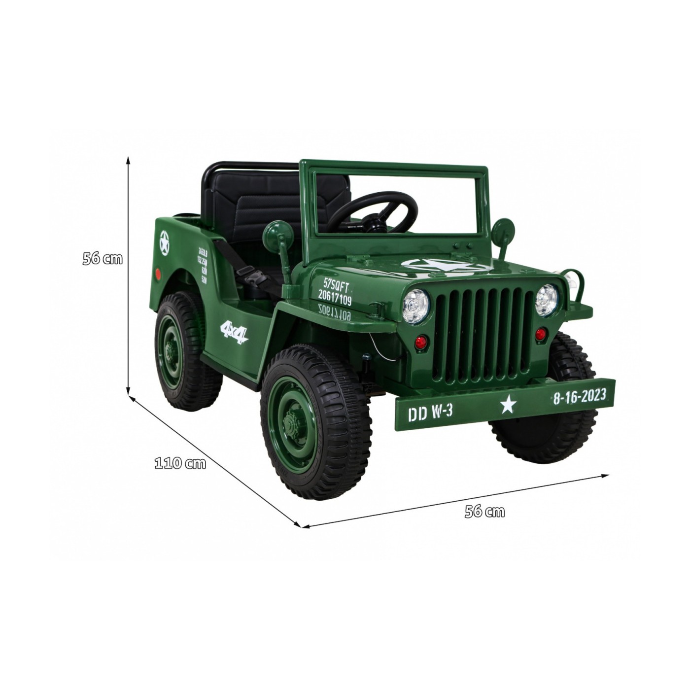 Vojenské auto Retro Děti Zelená 4x4 Drive Remote 2 zavazadlové stojany Pomalý start MP3 LED
