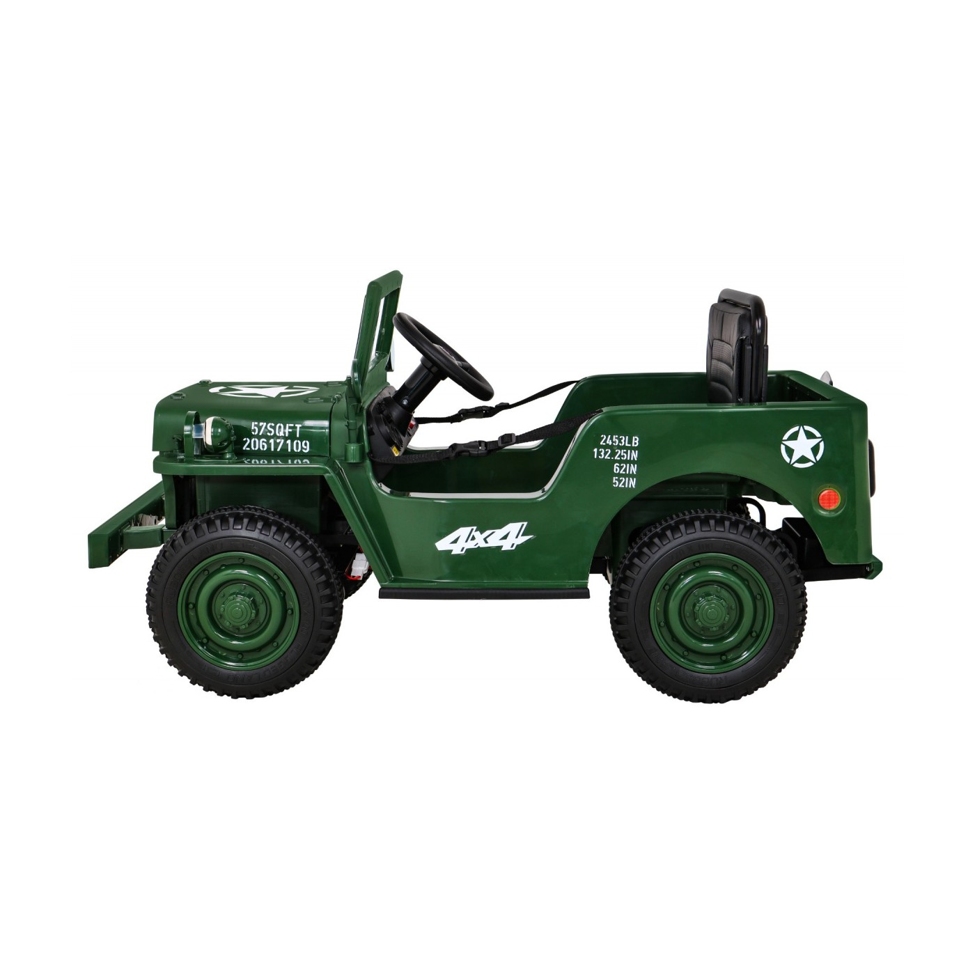 Vojenské auto Retro Děti Zelená 4x4 Drive Remote 2 zavazadlové stojany Pomalý start MP3 LED