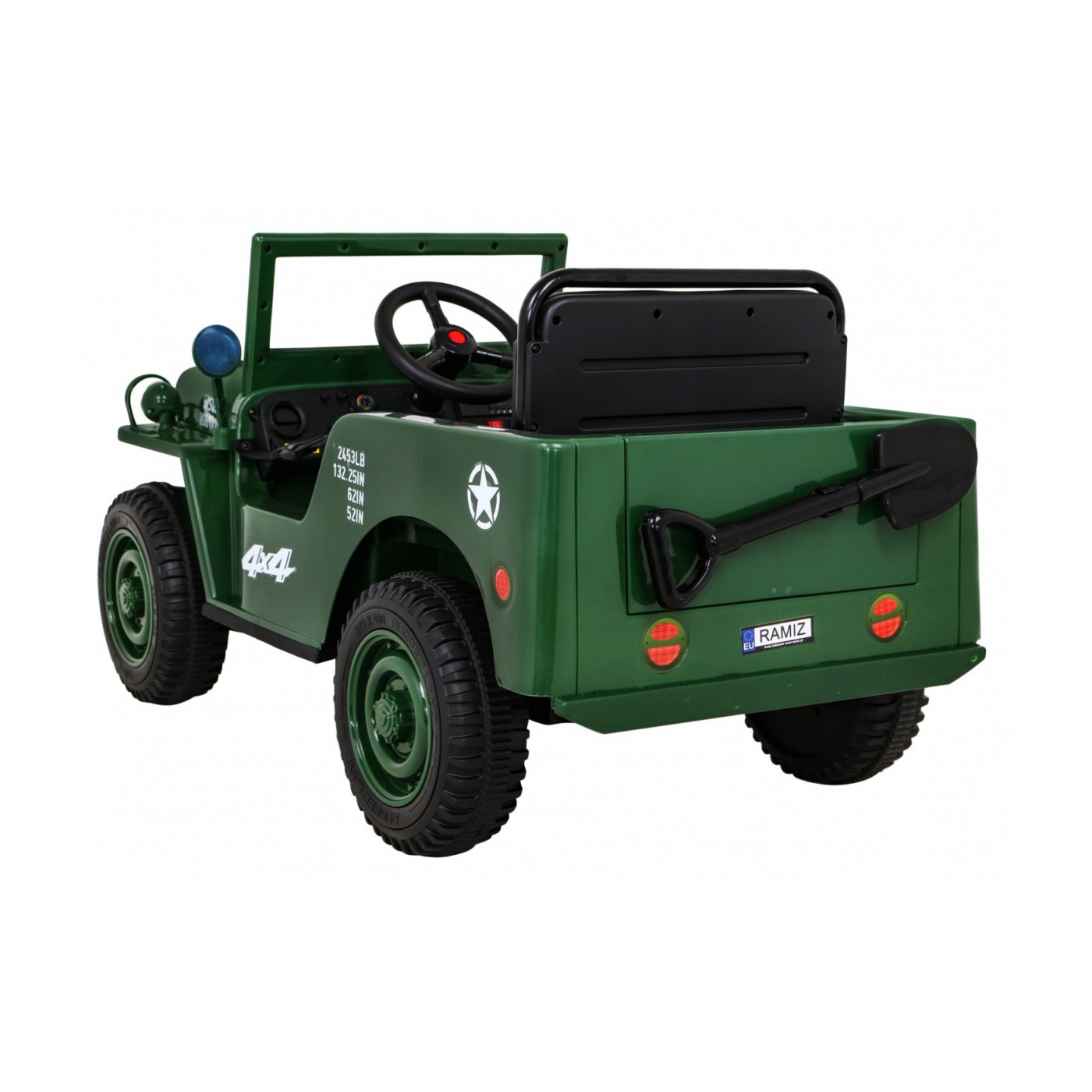 Vojenské auto Retro Děti Zelená 4x4 Drive Remote 2 zavazadlové stojany Pomalý start MP3 LED