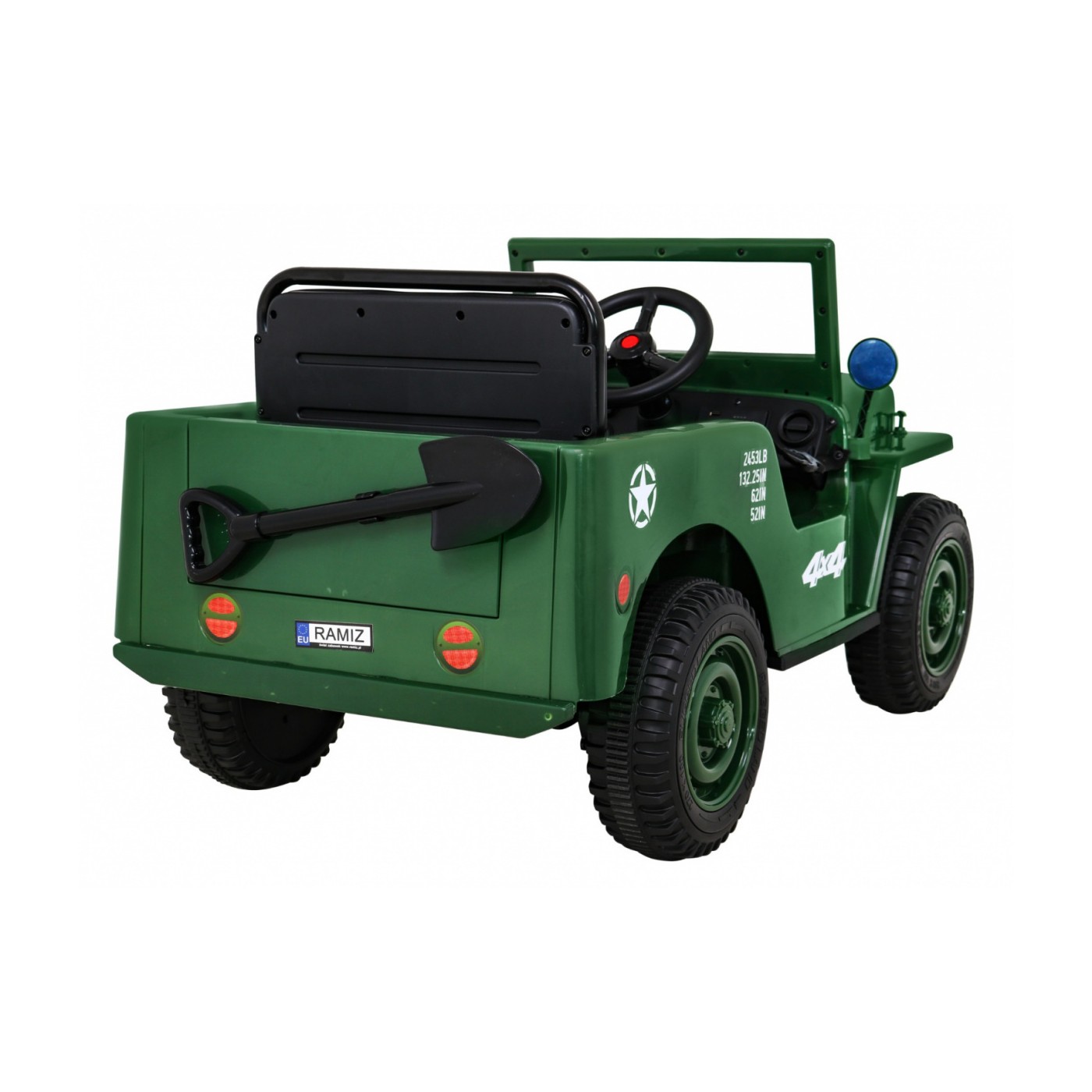 Vojenské auto Retro Děti Zelená 4x4 Drive Remote 2 zavazadlové stojany Pomalý start MP3 LED