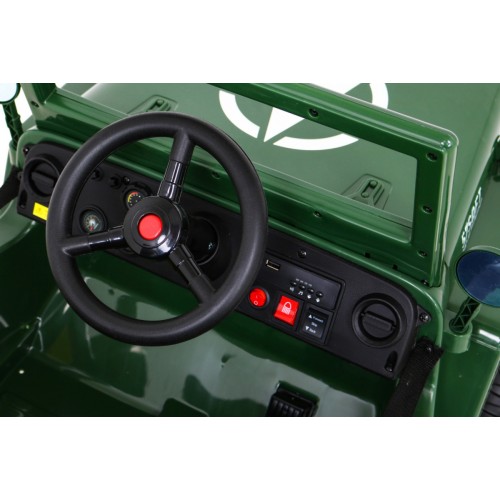 Vojenské auto Retro Děti Zelená 4x4 Drive Remote 2 zavazadlové stojany Pomalý start MP3 LED