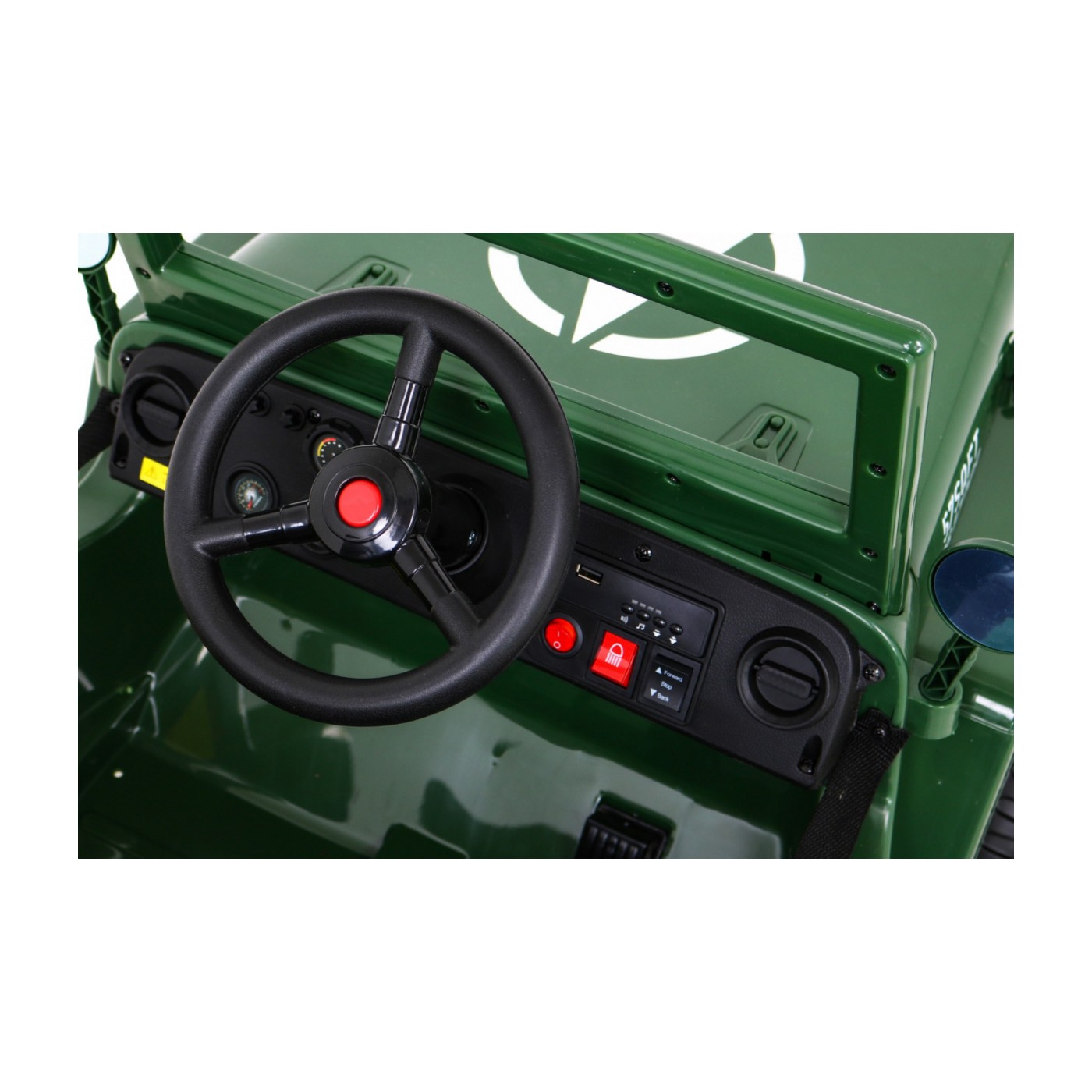 Vojenské auto Retro Děti Zelená 4x4 Drive Remote 2 zavazadlové stojany Pomalý start MP3 LED