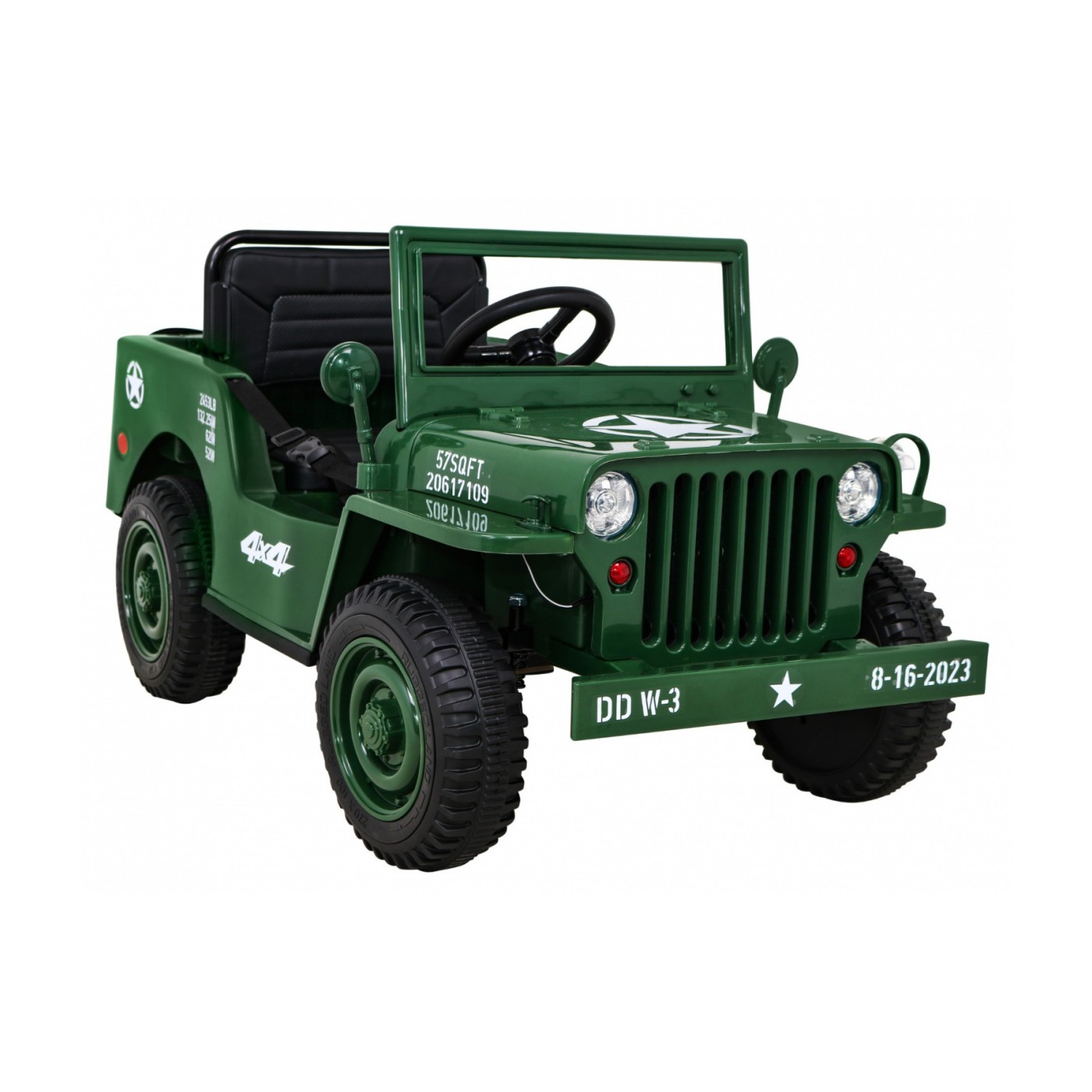 Vojenské auto Retro Děti Zelená 4x4 Drive Remote 2 zavazadlové stojany Pomalý start MP3 LED