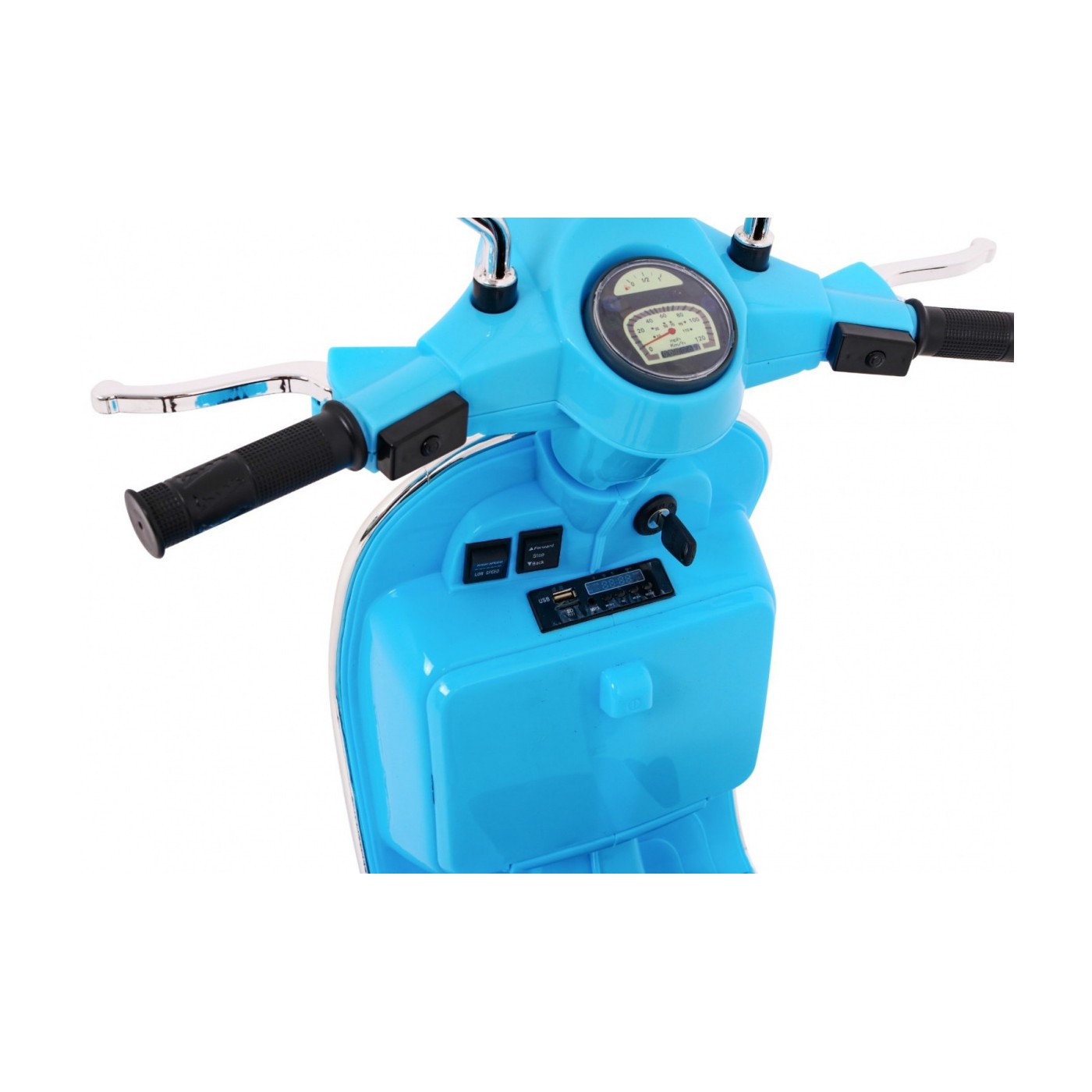 Vespa Kids Elektrická koloběžka Modré pomocné kolíky Audio Eco kůže EVA Pomalý start