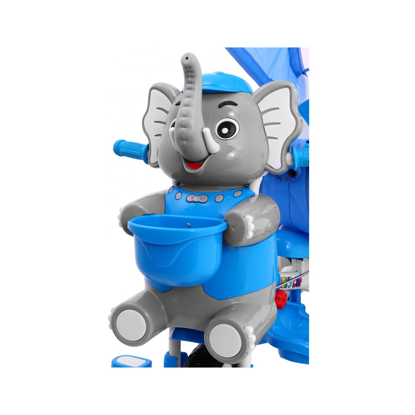 3kolové dětské kolo Blue Elephant + Zvuky + Stříška + Zábrana + Opěrka na nohy + Rukojeť + Úložný prostor