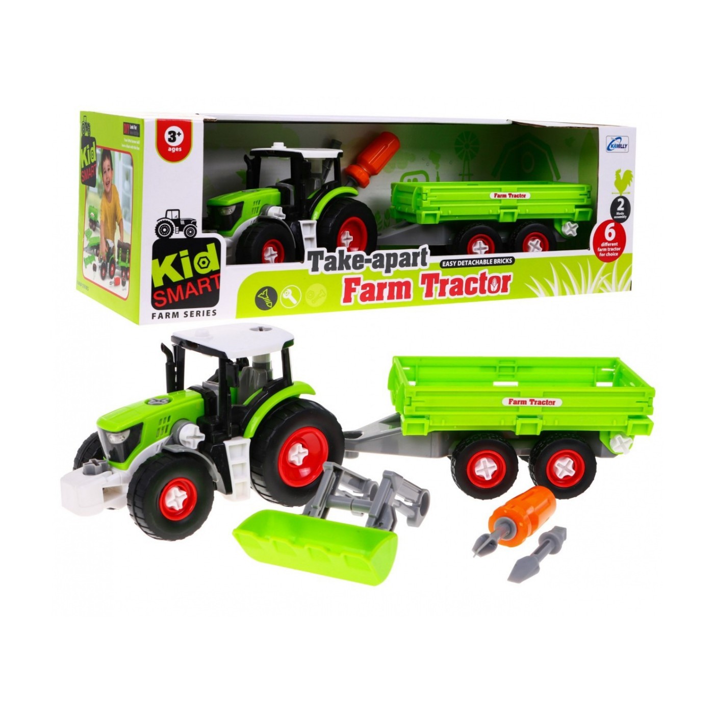Šroubovaný traktor s přívěsem pro děti 3+ šroubovák + šroubovák + buldozer