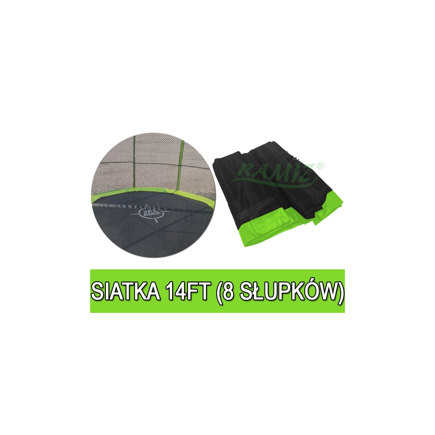 Bezpečnostní síť SkyRamiz zelená pro zahradní trampolínu 427 cm/14 stop 8 tunelů na sloupky