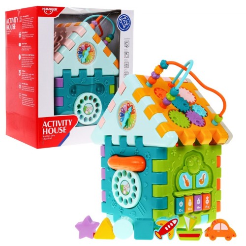 Senzorický multidomeček pro děti 18m+ Mini gry 9 Puzzlí + Pořadače + Hra senzorická + Hodiny
