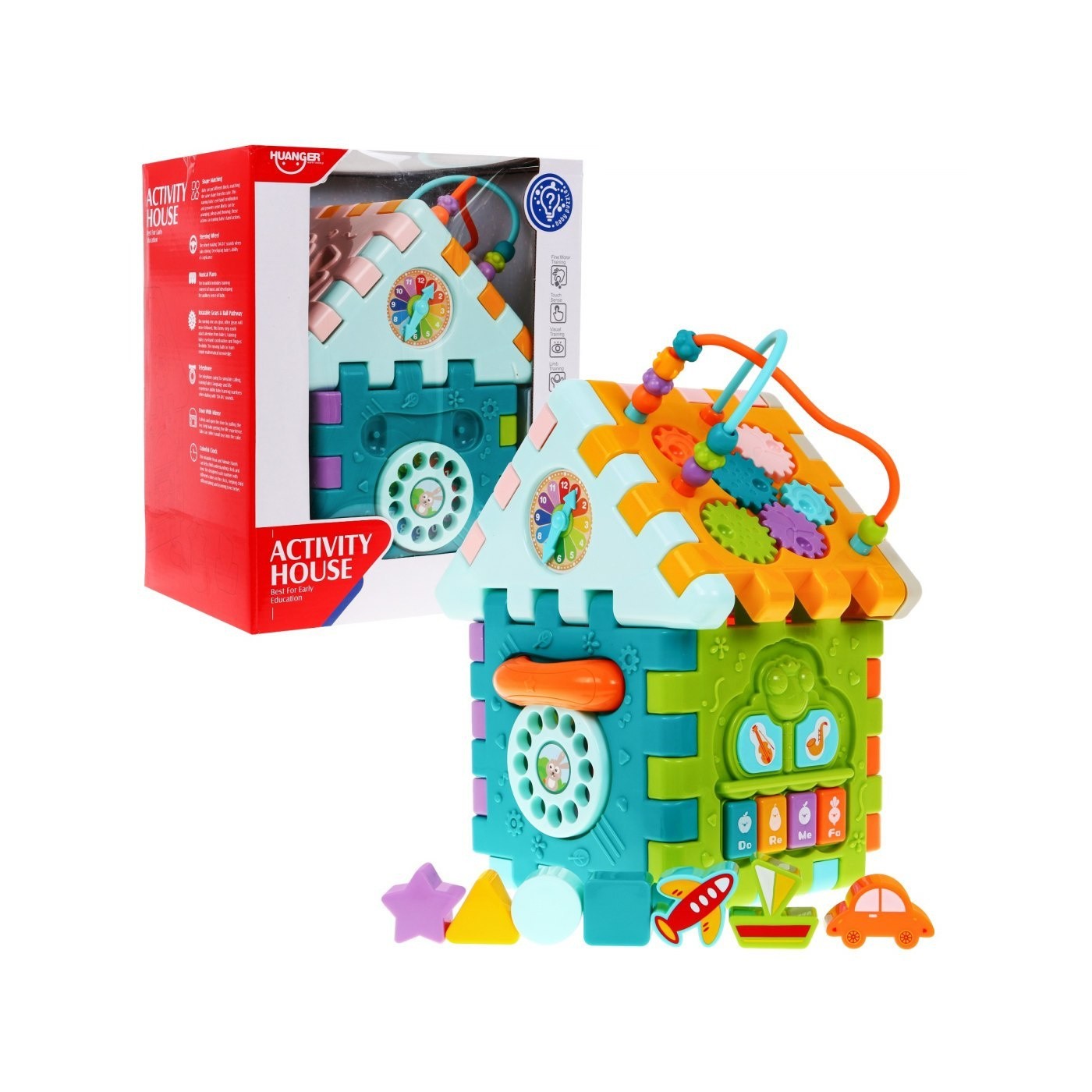 Senzorický multidomeček pro děti 18m+ Mini gry 9 Puzzlí + Pořadače + Hra senzorická + Hodiny