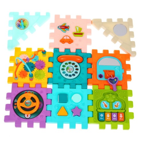 Senzorický multidomeček pro děti 18m+ Mini gry 9 Puzzlí + Pořadače + Hra senzorická + Hodiny